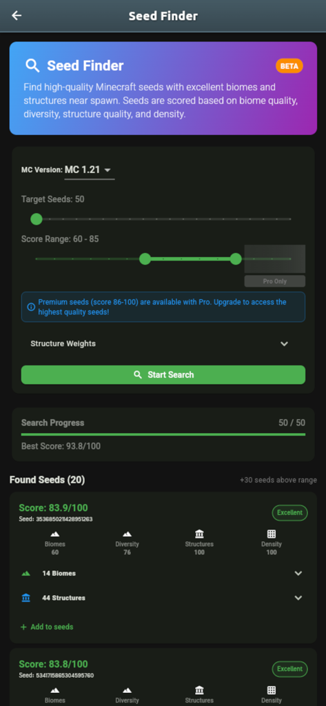 SeedMap - Explore Your Seeds - Interface of the SeedMap app showing a list of Minecraft seeds with quality scores and structure details.