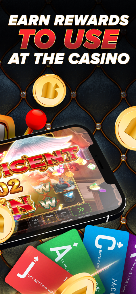 PlayJACK Slots - Schermata dell'app PlayJACK Slots che mostra un gioco di slot mobile con testo che promuove il guadagno di ricompense da utilizzare al casinò.