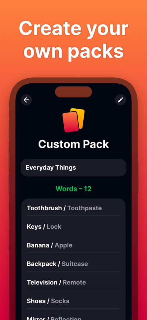 Imposter - Who is the Spy? - Pantalla para crear paquetes de palabras personalizados en el juego Imposter Who is the Spy.