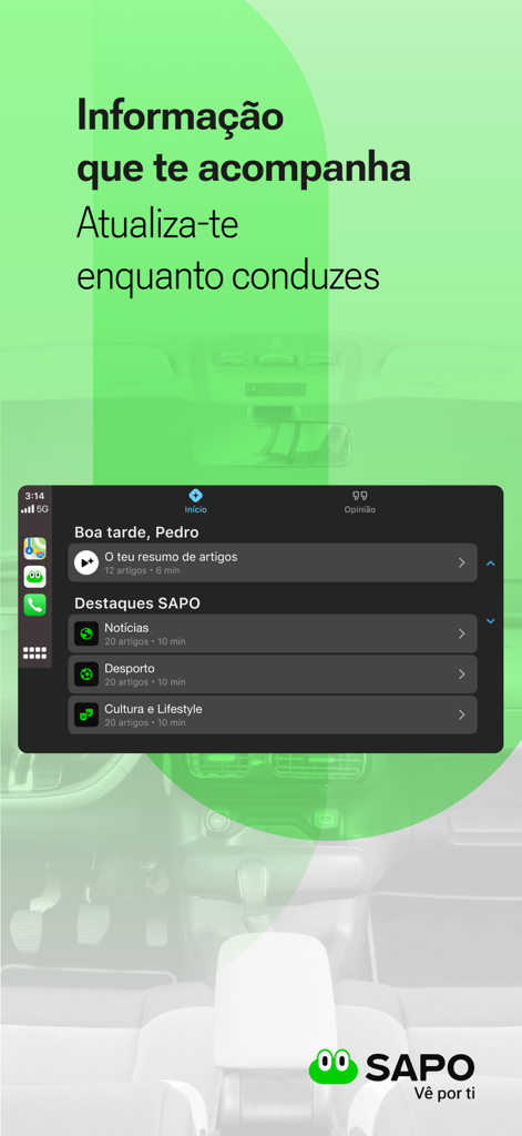Interfaz de la app de noticias SAPO en Apple CarPlay mostrando resúmenes de noticias y categorías para conductores.