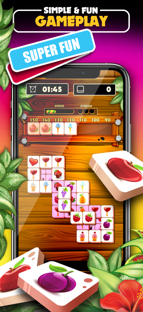 Mahjong Solitaire Cash Master mobile game screen featuring fruit and dessert themed tiles on a wooden background with a game timer