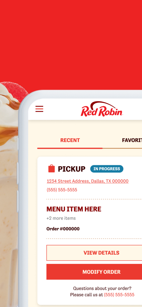 Red Robin Ordering - Mobile app screen showing a Red Robin pickup order in progress with options to modify