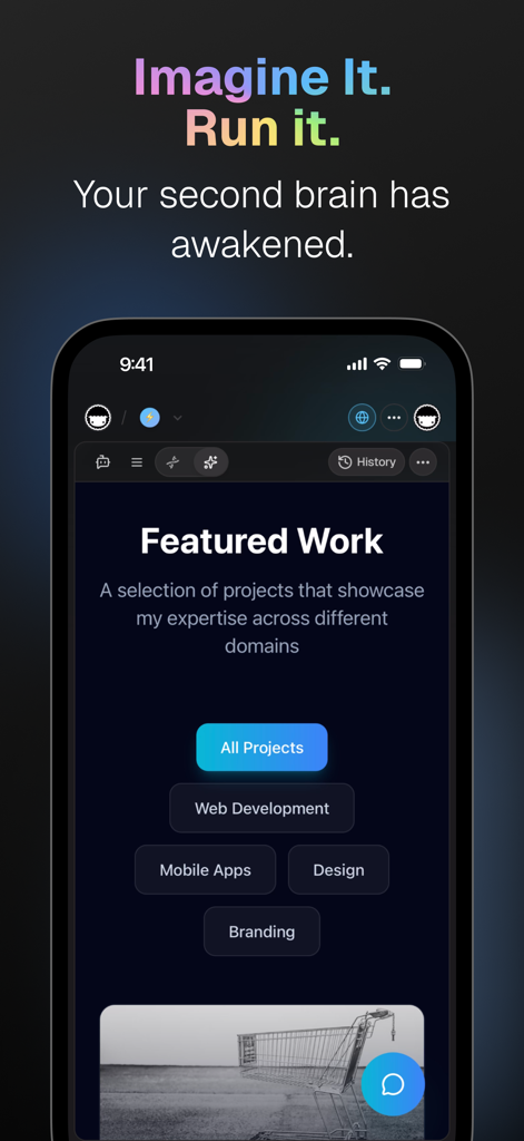 Taskade - One Prompt. One App - Taskade mobile app interface showing featured work categories and AI second brain messaging.