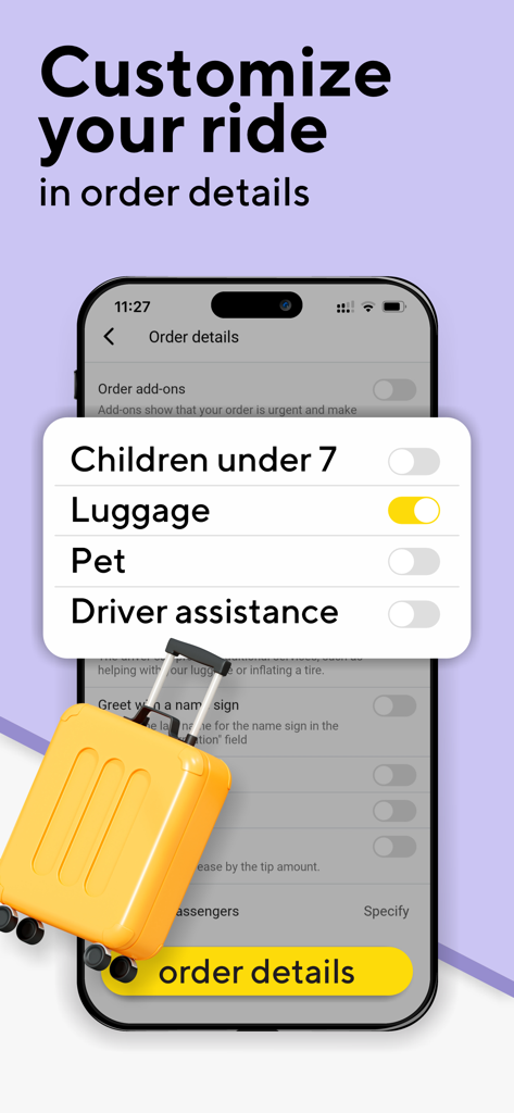 Omega: taxi service - Interfaz de la aplicación Omega taxi que muestra opciones de personalización de viaje para equipaje y asientos para niños