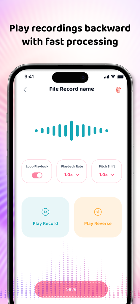 Interface of the Reverse Audio app showing voice recording playback options including play reverse, pitch shift, and playback rate settings.