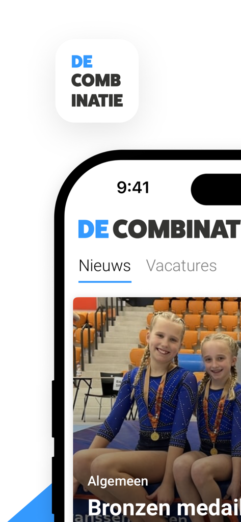 Combinatie Ridderkerk - Eine mobile Benutzeroberfläche für die Nachrichten-App Combinatie Ridderkerk mit einem lokalen Sportartikel über eine Bronzemedaille und Navigationstasten für Nachrichten und Stellenangebote.