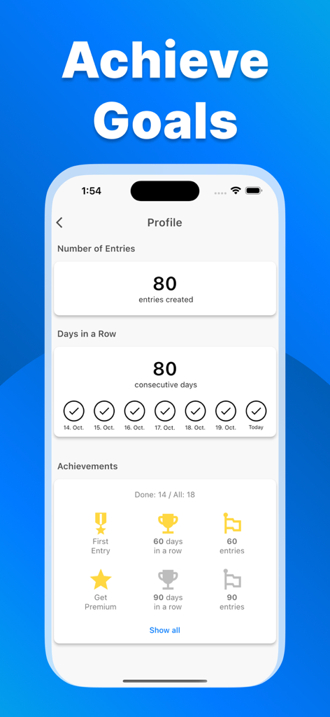 Eating Disorder Recovery - A profile screen from the Eating Disorder Recovery app showing a streak of 80 consecutive days and various earned achievements