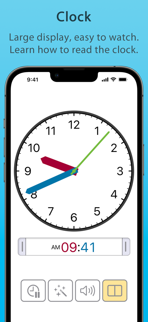 Learning Clock Timer - Un smartphone mostrando la interfaz de la aplicación Reloj de Aprendizaje con un gran reloj analógico y una pantalla de hora digital para aprender