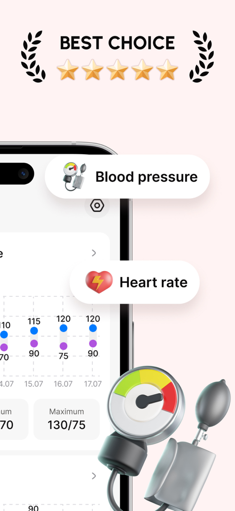 Blood Pressure. Health Monitor - Mobile app interface for tracking blood pressure and heart rate with health statistics and charts