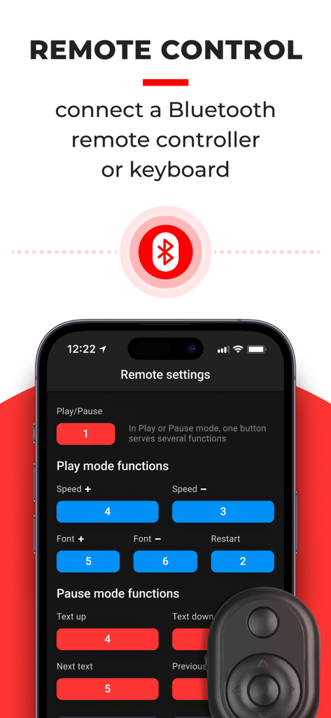 SUFLER.PRO teleprompter app remote control configuration screen showing bluetooth connectivity and button mapping settings.