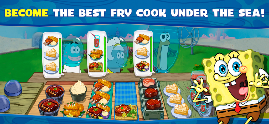 SpongeBob: Krusty Cook-Off - Bob Esponja de pie junto a una estación de cocina sirviendo comida a clientes en Fondo de Bikini