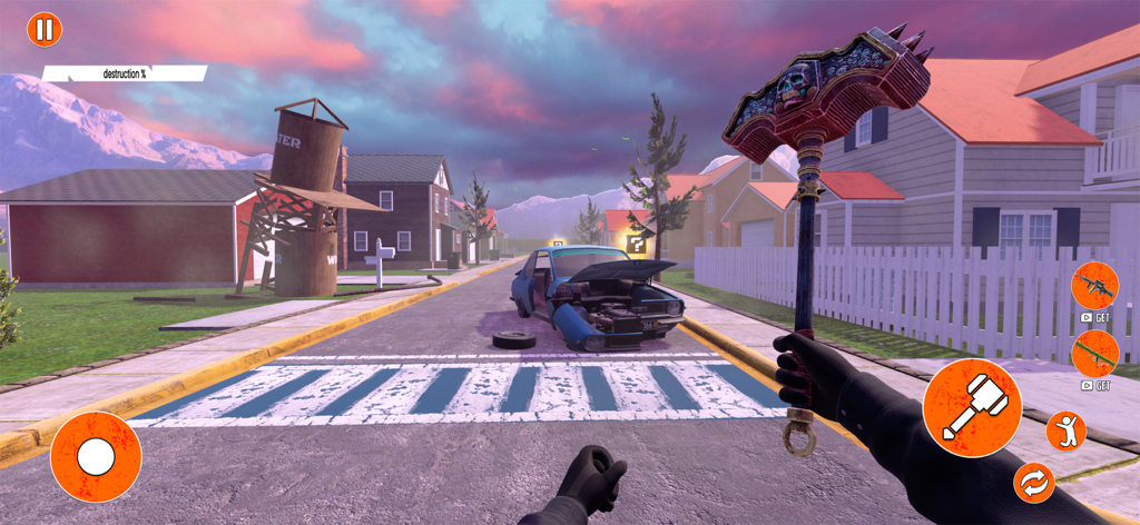 First person view of a player holding a large ornate hammer in a suburban street