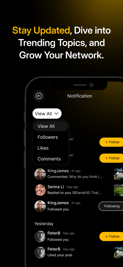 The LockerRoom App - The LockerRoom App notification screen showing user followers likes and comments interactions