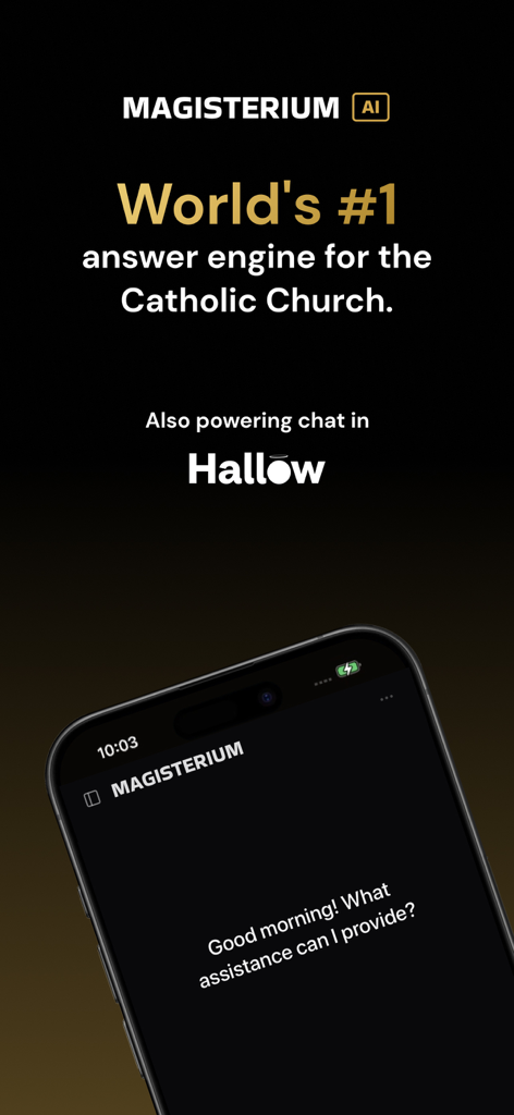 Magisterium AI home screen showing the worlds number one answer engine for the Catholic Church and its partnership with Hallow