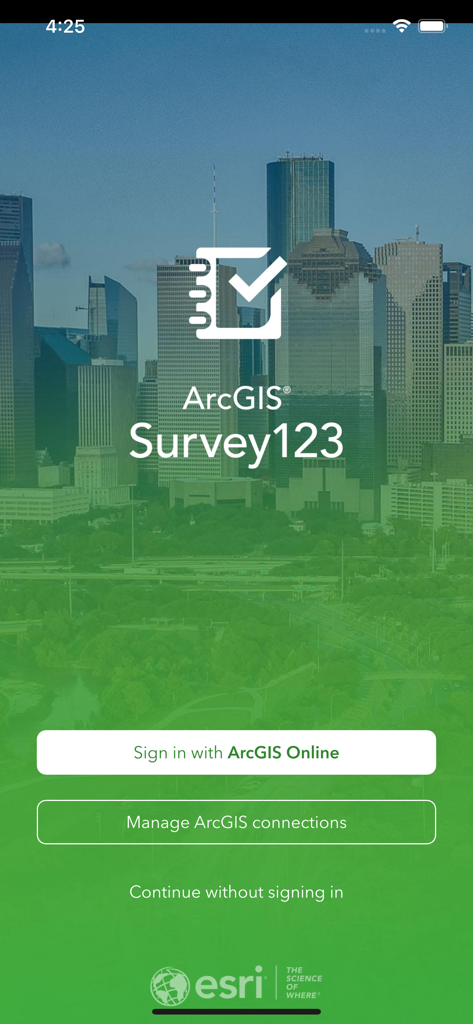 ArcGIS Survey123 - Anmeldebildschirm der mobilen App ArcGIS Survey123 mit Anmeldeoptionen für ArcGIS Online