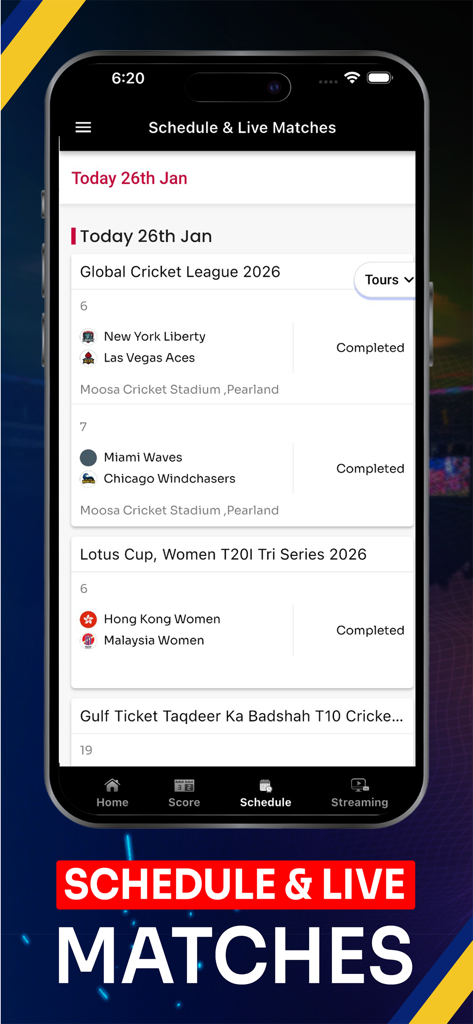 Styxnepal - Styxnepal app interface showing live and completed cricket match schedules