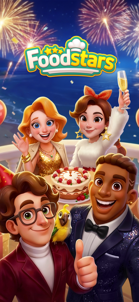 Foodstars: Merge & Cook - Four diverse characters celebrating with a festive cake and fireworks under the Foodstars game logo.
