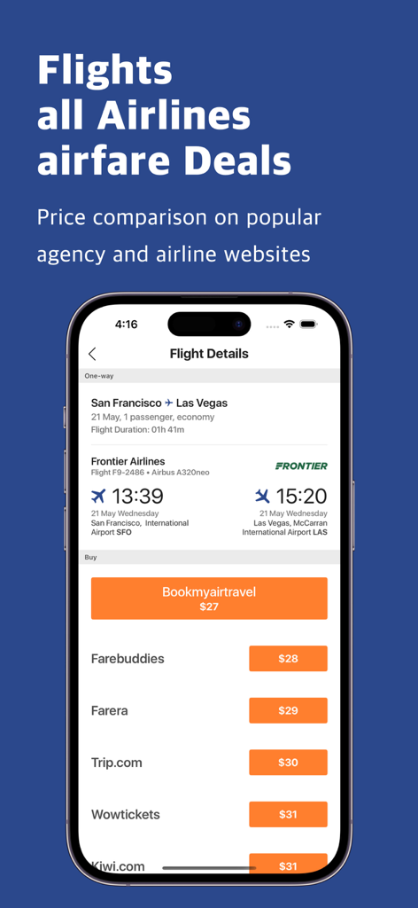 La aplicación móvil AeroSell mostrando una comparación de precios de vuelos de San Francisco a Las Vegas desde veintisiete dólares