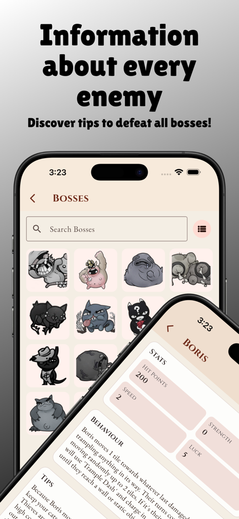 Guide for Mewgenics - 보리스의 보스 목록과 캐릭터 통계를 표시하는 뮤제닉스 가이드 앱 인터페이스