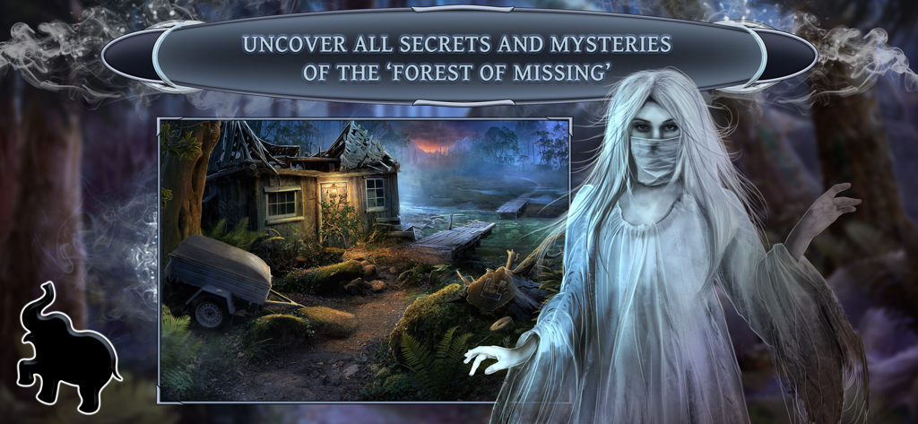 Paranormal Files 2・Tall Man - A ghostly woman in white stands next to a scene of a ruined cabin in a dark swampy forest.