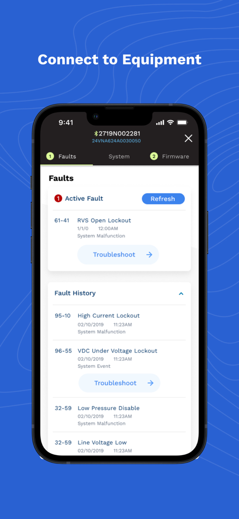 Carrier® Service Technician - Carrier Service Technician app showing active HVAC faults and system history via Bluetooth connection