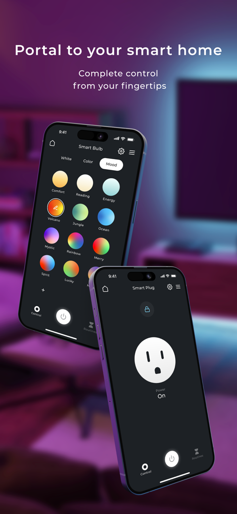 Globe Suite app interface on two smartphones showing controls for smart bulbs and smart plugs