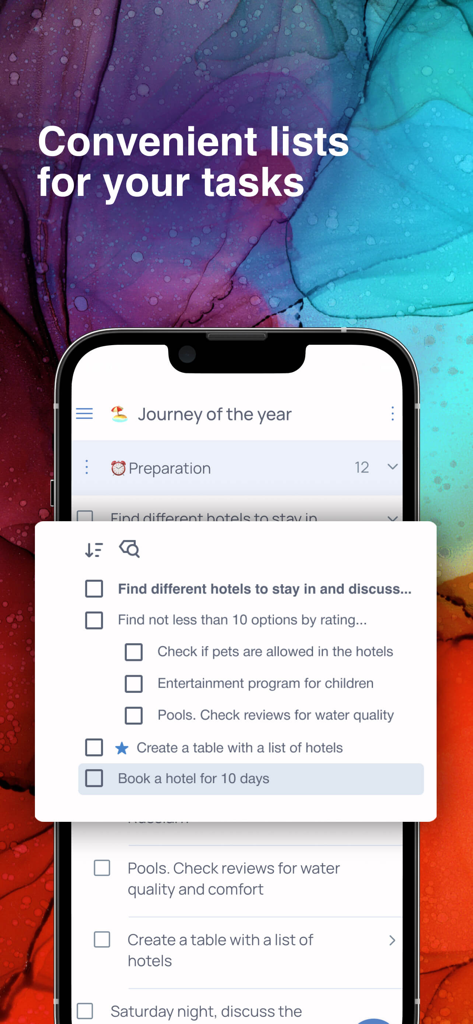 Singularity To Do List, Tasks - Pantalla móvil que muestra listas de tareas anidadas para la planificación de viajes en la aplicación Singularity