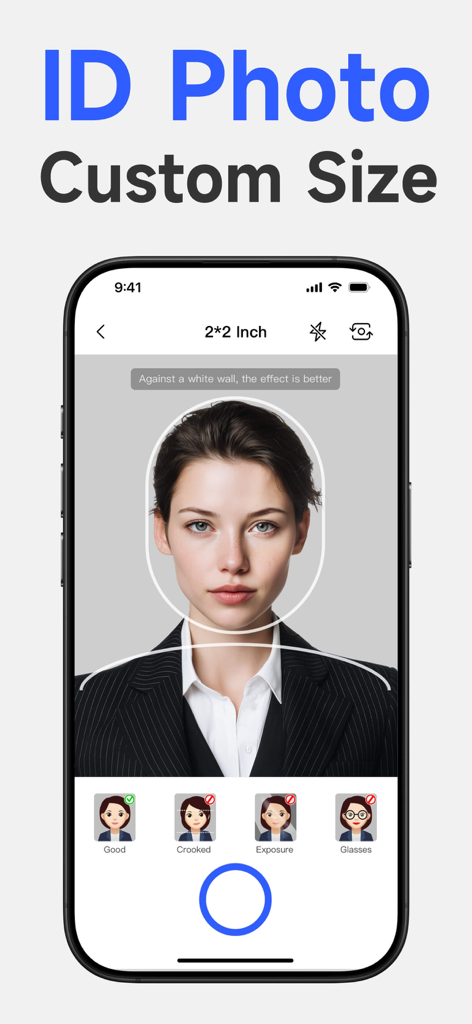 Interface of an ID photo app showing a capture guide for custom sizes