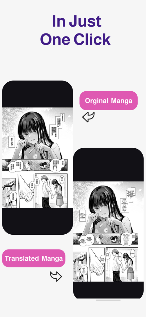 Manga Translator AI: Mangu - Before and after comparison showing original manga in an Asian language and its instant English translation using the Mangu app