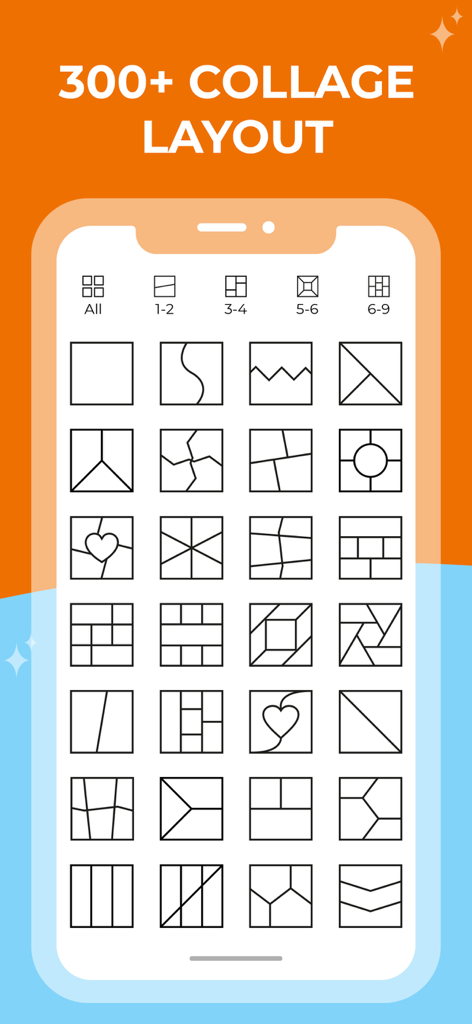 Photo Collage Maker & Editing - Pantalla de la aplicación móvil mostrando más de 300 plantillas de diseño de collage de fotos.