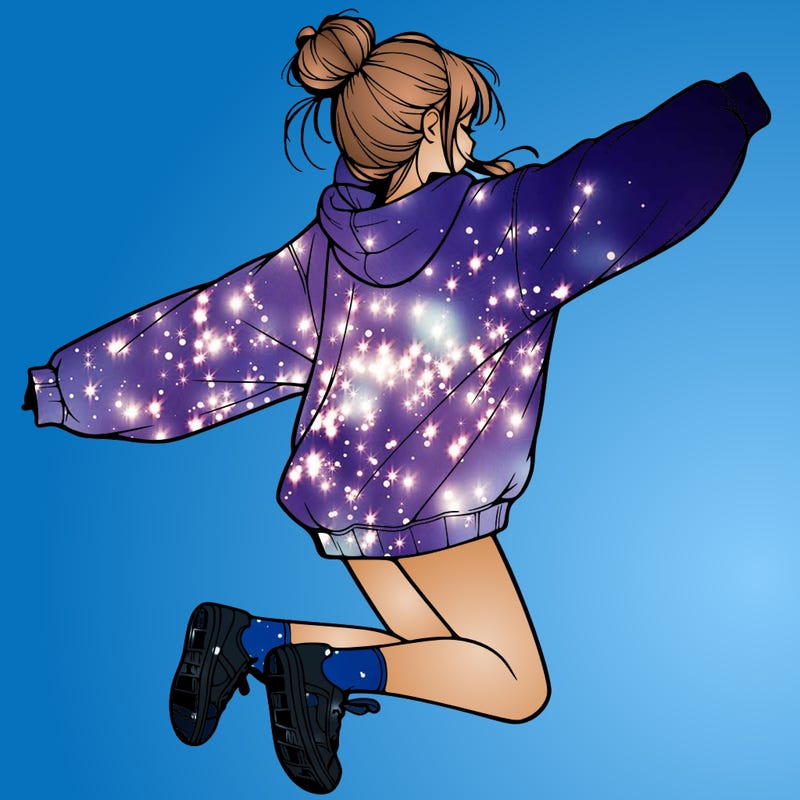 realistic girl jumping with a bun and oversized sweatshirt