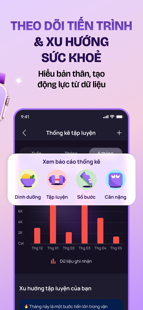 Wao - Food & Calorie Counter - Wao app screen showing health progress reports for nutrition and exercise