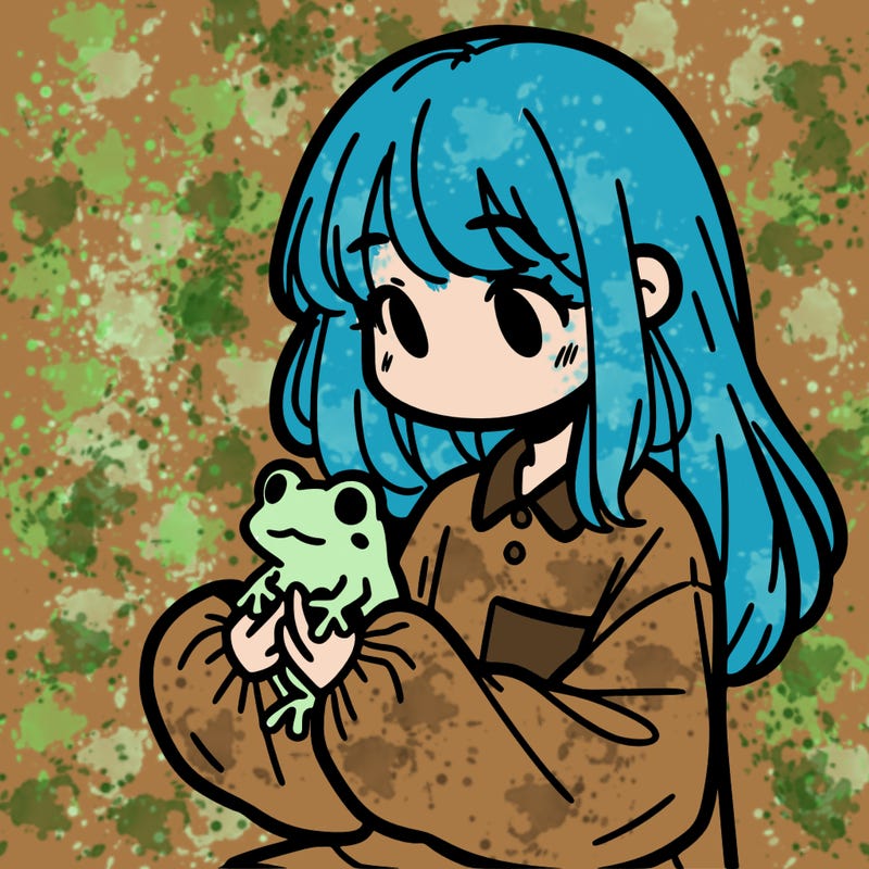 girl with long hair and a oversized shirt. and she is holding a frog