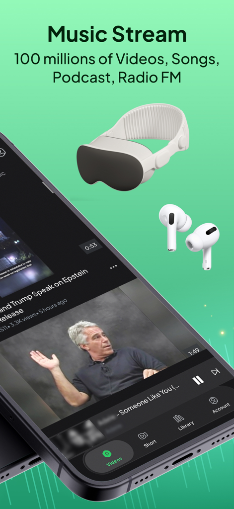 Capture d'écran de l'application Pure Tube montrant l'interface de streaming de musique et de vidéo sur un smartphone