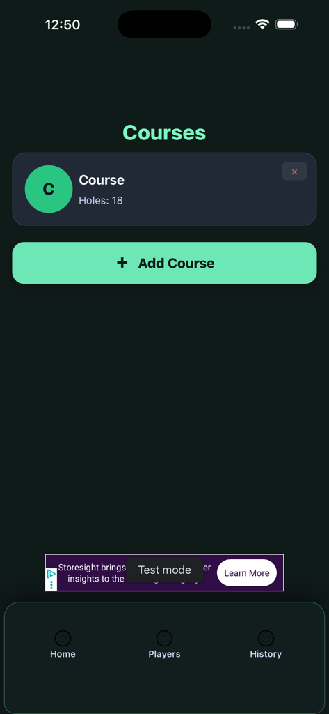 Mini Golf Score Tracker - Der Bildschirm zur Auswahl der Plätze der Mini Golf Score Tracker App mit einer Liste der gespeicherten Plätze und einer Schaltfläche zum Hinzufügen eines Platzes.