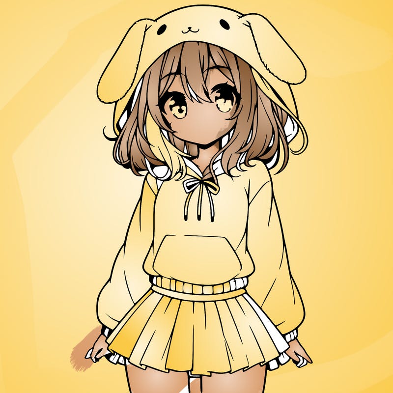 pretty anime girl wearing a fluffy hoodie with bunny ears on the hood and a skirt