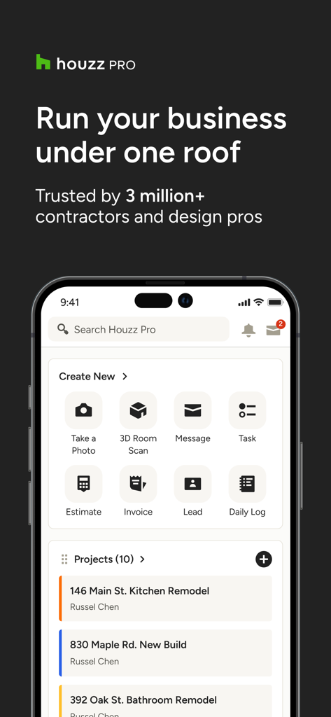 Houzz Pro - Houzz Pro mobile App Dashboard mit Business-Management-Tools und Projektlisten für Hausprofis