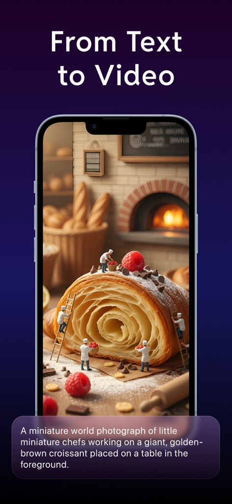 NENA AI Video Generator Pro app screen showing a text to video transformation of miniature chefs on a giant croissant.