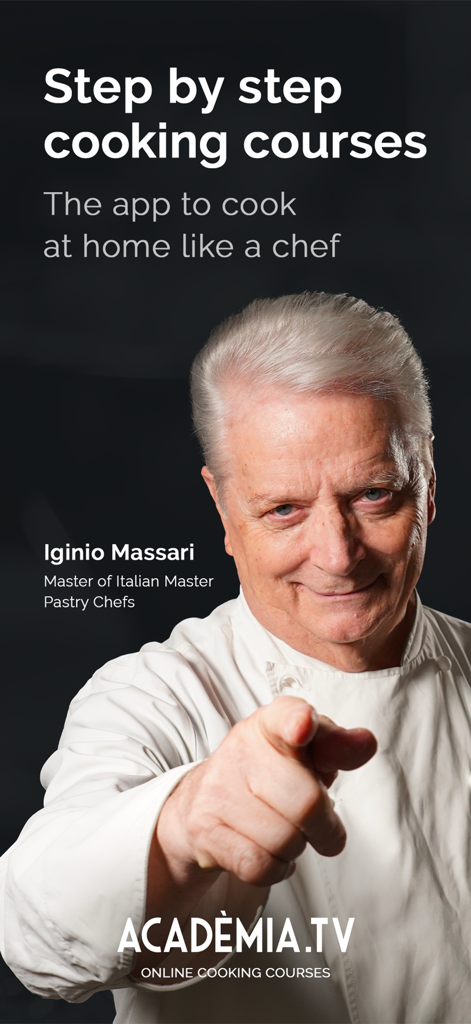 Iginio Massari presenting step by step cooking courses on the Academia tv app