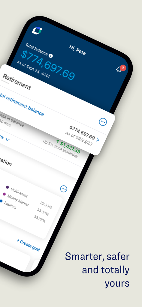 TIAA - Dashboard of the TIAA mobile app showing total balance and retirement asset allocation