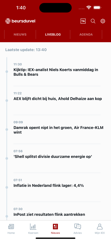 Beursduivel 앱 실시간 블로그 섹션의 스크린샷으로 금융 뉴스 업데이트 및 시장 헤드라인 타임라인이 표시됩니다.