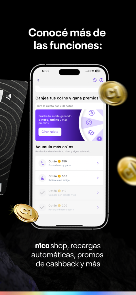 n1co - A smartphone screen displaying the n1co app rewards page with a spin to win wheel and options to earn coins