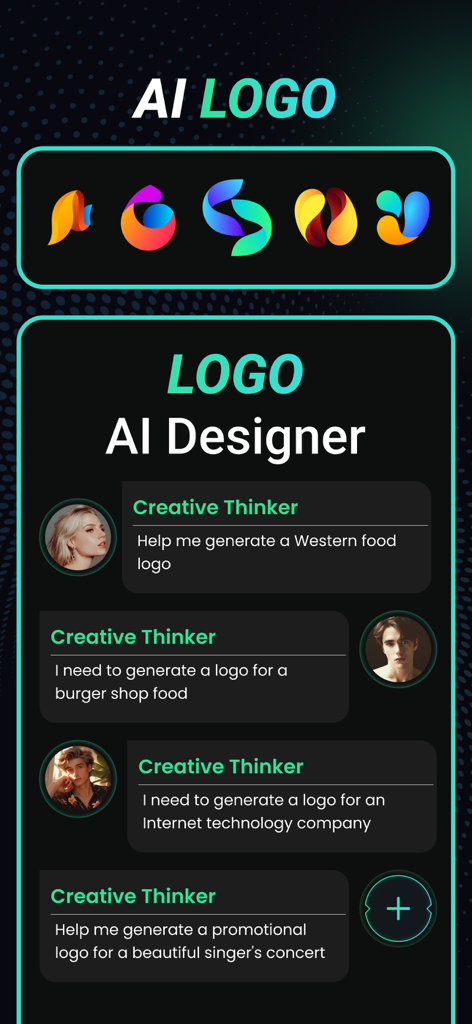 Creafy – AI Design Agent - 様々なビジネスタイプ向けのユーザープロンプトでAIロゴ生成を示すモバイルアプリのインターフェース