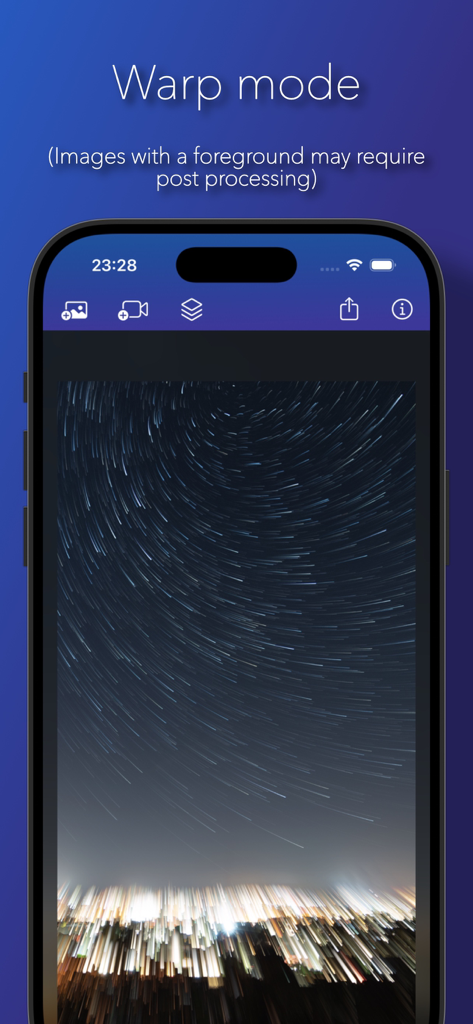 Star Stacker - Star Stacker app showing the warp mode effect on star trails