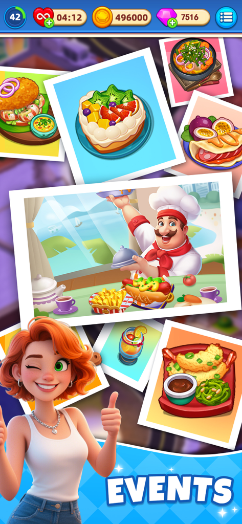A vibrant collage of international dishes and game characters highlighting special events in Cooking World