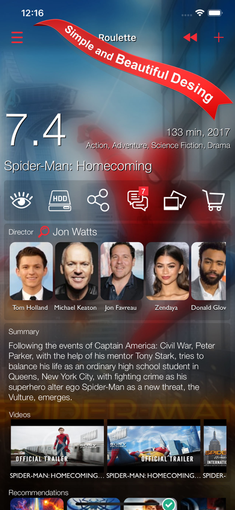 Filmbox Smart Movie Manager - L'application Filmbox affichant des informations détaillées sur le film Spider-Man Homecoming, y compris la note, le casting et le résumé