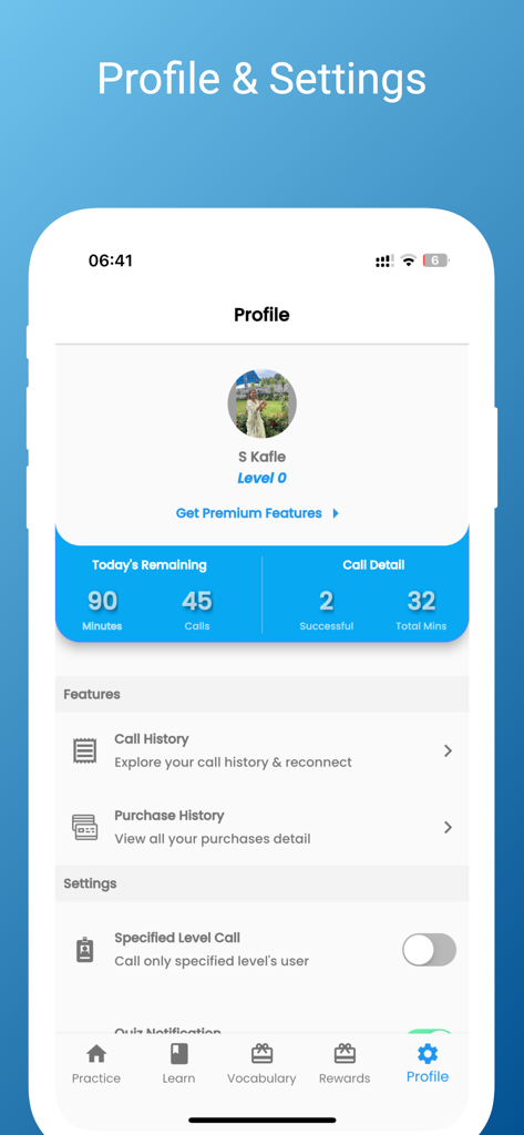Pantalla de perfil y configuración de usuario de la aplicación Speak English Online que muestra estadísticas de llamadas y seguimiento del progreso.