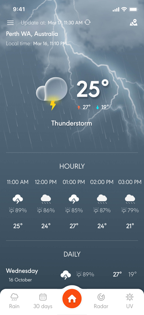 Interface of the Weather forecast app showing a thunderstorm in Perth with hourly and daily precipitation data.
