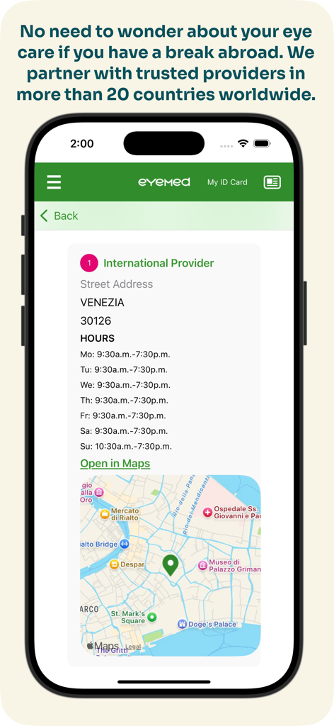 EyeMed - EyeMed app screen showing an international vision provider in Venice with address hours and map