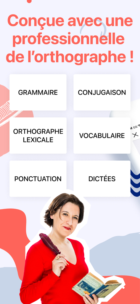 Menú de la aplicación de ortografía francesa que muestra categorías de gramática, conjugación y dictado con la experta Aurore Ponsonnet